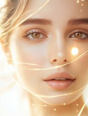 Poster - Golden lines enhance natural beauty, showcasing skin lifting effect around a young woman’s face. Generative AI