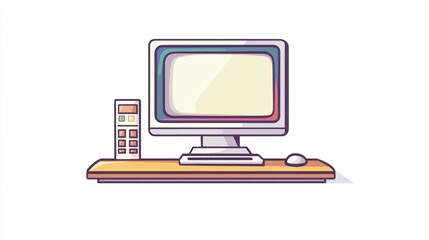 Poster - Retro Computer Setup on Desk;  Vintage Style Illustration;  Use for Design Element