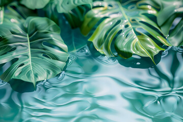 Poster - Serene water surface with lush monstera leaves