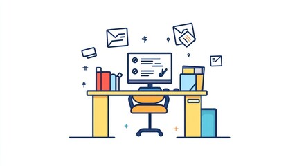 Poster - Office Desk Illustration, Work in Progress, Colorful Flat Design, Minimalist Scene, for Business
