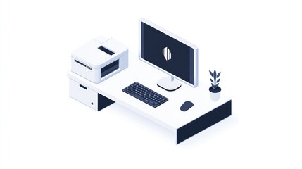 Poster - Isometric Office Desk with Printer, Computer, and Plant. Suitable for Stock Photo
