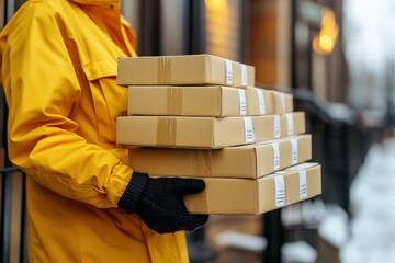 courier delivers packages on snowy day while wearing bright uniform. generative ai