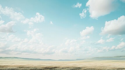 Poster - Expansive blue sky with soft clouds over a vast grassy plain during a serene day in the countryside. Generative AI