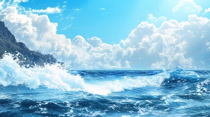 Wall Mural - A beautiful blue ocean with a wave crashing against the shore