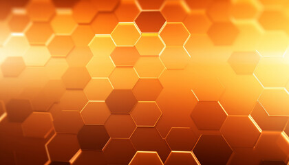 Fototapete - Bright orange hexagons with bright lighting edges. Banner template geometric abstract background.