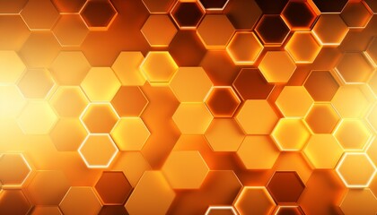 Fototapete - Bright orange hexagons with bright lighting edges. Banner template geometric abstract background.