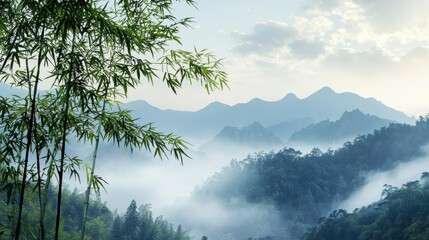 Fototapete - A mountain range with a misty, hazy atmosphere