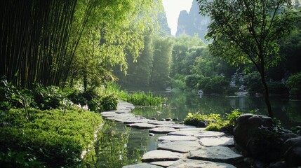 Wall Mural - a serene and peaceful scene of a river surrounded by lush green trees
