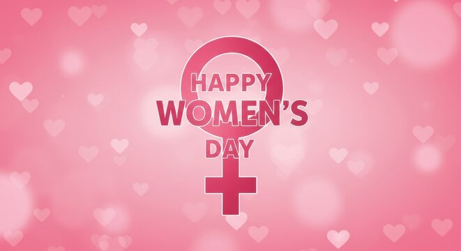 A celebratory design for Women's Day a large pink Venus symbol or female sign and Inside the symbol HAPPY WOMEN'S DAY is written on soft pink color background with pattern of small white hearts