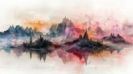 Wall Mural - a painting of mountains with a pink sky