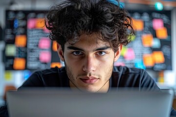 Poster - Agile software development - Close up shot of a developer staring intently at their laptop screen with a kanban board filled with tasks and sticky notes visible in the background.