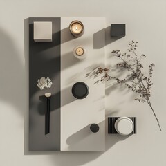 Poster - Clean and minimalistic display of candles and natural decor arranged on a neutral background. Generative AI