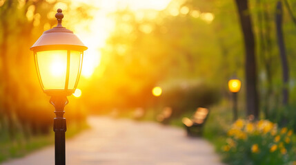 Wall Mural - soft golden light illuminating wooden park pathway, vintage lampposts bordering landscaped greenery,