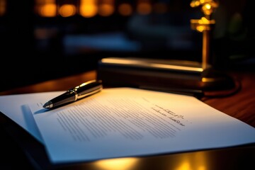 Leinwandbilder - Document with pen on desk illuminated by warm light during evening hours in quiet workspace. Generative AI