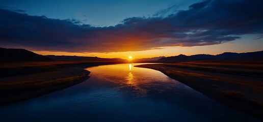 Canvas Print - Sunset over river, mountains backdrop, peaceful scene