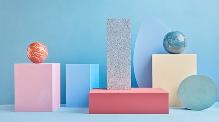 Poster - A minimalist setting featuring geometric shapes against a blue backdrop, ideal for presentations or displays.