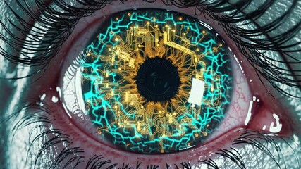 Poster - High-tech biometric scan reveals circuit-infused iris. Turquoise and gold patterns merge with organic eye structure in medical visualization. Static macro capture.