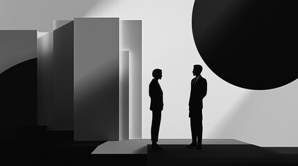 Poster - Business negotiation taking place between two silhouetted figures in a minimalistic setting with geometric elements. Generative AI
