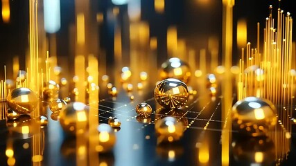 Wall Mural - A digital landscape of glowing golden spheres and vertical lines, symbolizing data visualization.
