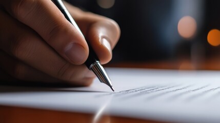 Fototapete - Writing with a pen on a white sheet of paper in dimly lit surroundings. Generative AI
