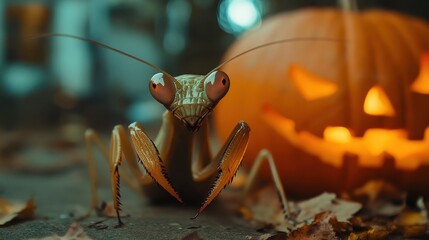 Praying mantis halloween scene with carved jack-o'-lantern and autumn leaves