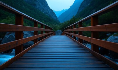 Canvas Print - Wooden bridge over mountain river, tranquil valley backdrop, travel photography