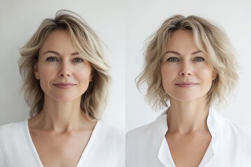 Poster - Body shape transformation before and after in realistic medical photography style featuring a confident woman. Generative AI