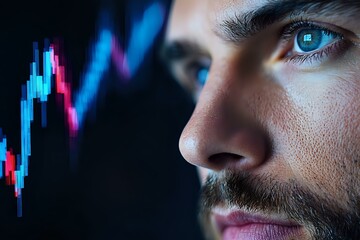 Poster - Close-up profile of young caucasian male trader watching financial market chart with neon blue and pink candlestick pattern reflection in dark setting.