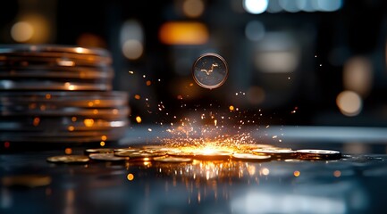 Poster - Macro shot of water drop falling onto reflective surface with dramatic orange light burst and sparkles creating dynamic splash effect in dark atmosphere.