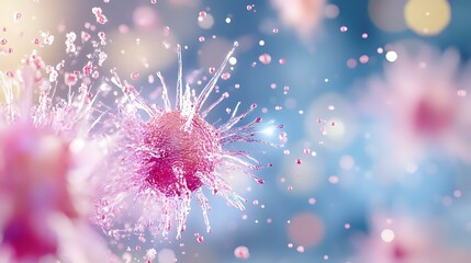 Poster - Pink dandelion seeds floating in dreamy bokeh atmosphere against blue background, macro photography with soft focus and magical glowing particles.