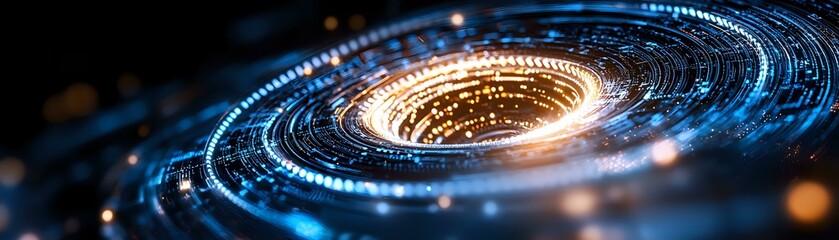Poster - Glowing spiral vortex with blue light trails and golden center on dark background creates futuristic cosmic portal effect, suitable for technology concepts.