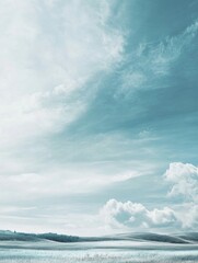 Fototapete - Peaceful winter landscape with soft clouds and gentle hills during the day. Generative AI