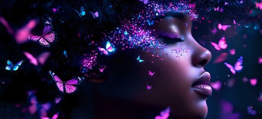 Poster - Young African American woman profile with glowing skin surrounded by magical purple and blue butterflies, sparkles and ethereal light effects against dark background.