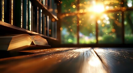 Poster - Open book on wooden table with magical glowing bokeh lights and sunbeams through window, creating mystical reading atmosphere in library setting.