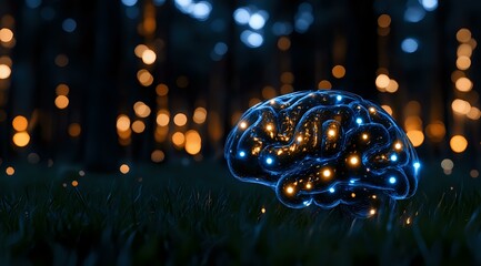 Poster - Glowing brain silhouette on grass at night with magical bokeh lights in background creates dreamy atmosphere for concepts of mind, intelligence and creativity.