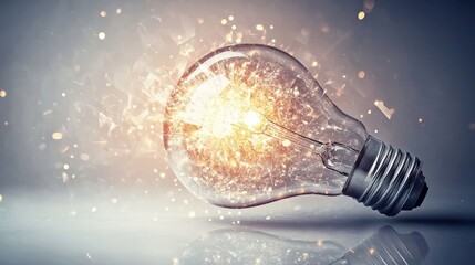 Poster - a shattered light bulb emits bright sparks, symbolizing creativity and innovation in a dynamic setti