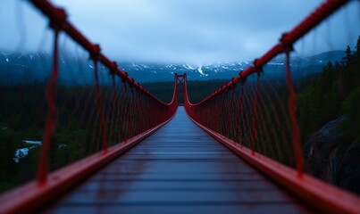 Canvas Print - Red suspension bridge, mountain backdrop, misty dawn, travel