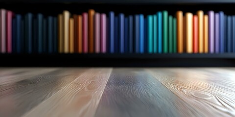 Poster - Blurred books on wooden shelf with colorful spines creating rainbow spectrum effect against dark background. Empty wooden table surface in foreground for product display.