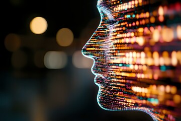 Poster - digital profile silhouette with glowing binary code pattern overlay against blurred city lights back