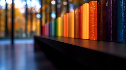 Poster - Row of colorful book spines arranged in rainbow spectrum order on dark wooden shelf, with soft bokeh lights creating dreamy background atmosphere.