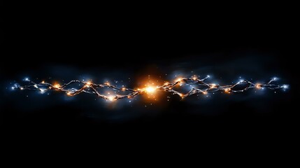 Poster - Glowing electric lightning arc with blue and orange light effects on black background, energy plasma discharge streak for power and technology designs.