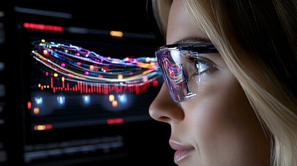 Poster - Young Caucasian businesswoman in glasses analyzing financial market data on digital screen with glowing charts and graphs in dark office environment.