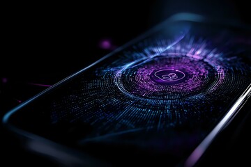 Poster - Glowing purple digital interface on smartphone screen with futuristic circular pattern and binary code elements in dark atmospheric setting.