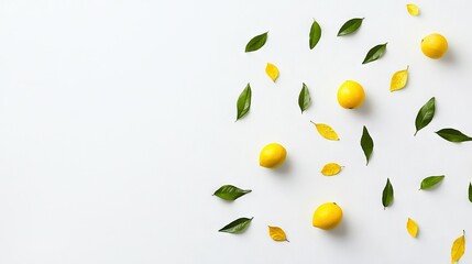 Wall Mural -   A group of yellow lemons on a white background with green leaves and shadows