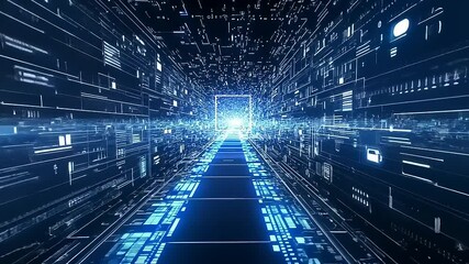 Wall Mural - A futuristic digital tunnel with glowing lines and data streams, symbolizing technology and progress.