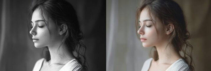 Aufkleber - Mood transformation from sadness to serenity captured in a creative dual tone portrait. Generative AI