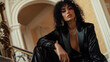 © Mehran - Fashion beauty model curly dark hair style beautiful sexy pretty woman perfect skinny body shape cosmetic makeup face wear clothes silk pants jacket accessory bag shoes studio background herb reed.