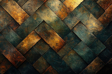 Poster - Abstract background of dark, textured, interwoven planks in bronze and teal hues.