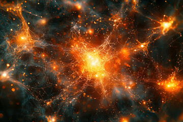 Poster - Intricate network of glowing orange filaments resembling a neural network or cosmic web.