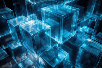 Poster - A mesmerizing abstract image of translucent, glowing blue cubes interlocking and forming a complex structure.